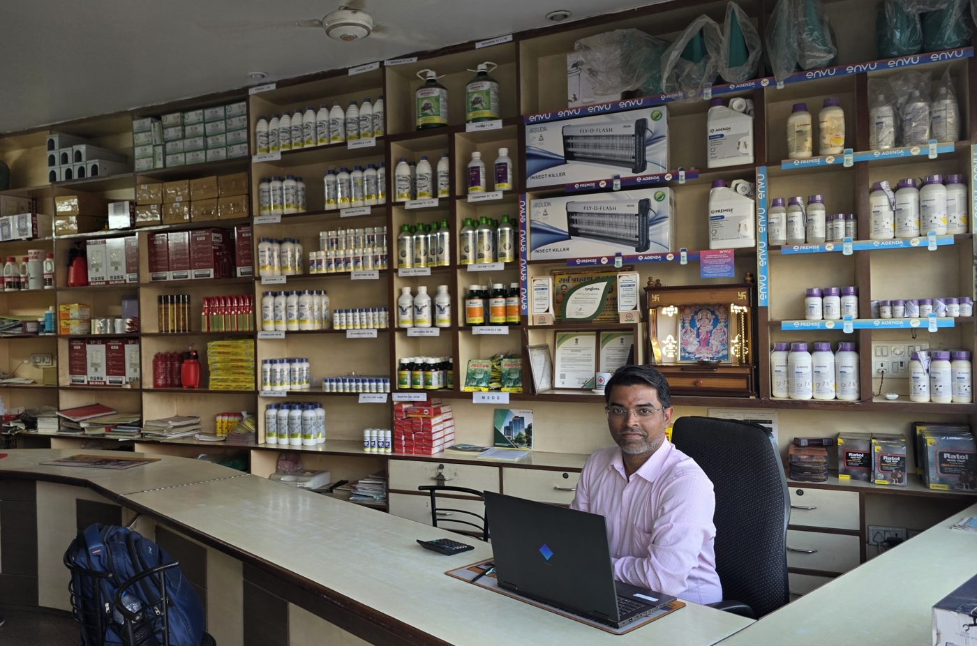 Bharat Pest Control Services showroom, Jaipur — counter and full product range