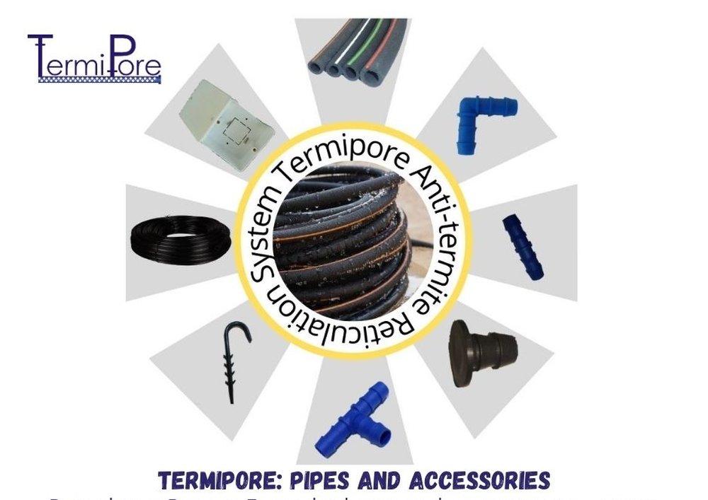 TermiPore accessories — elbow, tee, jointer, end plug, fixing hook, lateral pipe and junction box